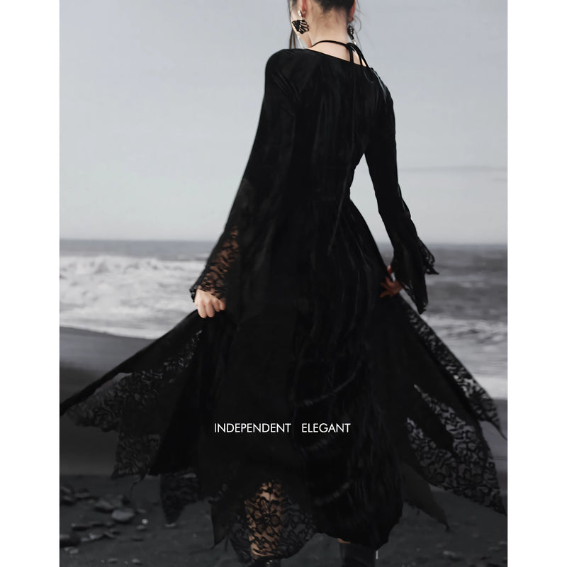 dark velvet lace splice dress, view 6 - MRSLM