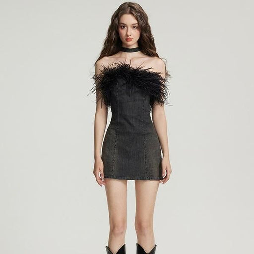 Feather tassel off-shoulder mini dress - MRSLM