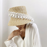 pleated lace straw bucket hat, view 5 - MRSLM