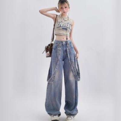 Spring Retro Minority Ribbon Design Versatile Washed Distressed Casual Pants