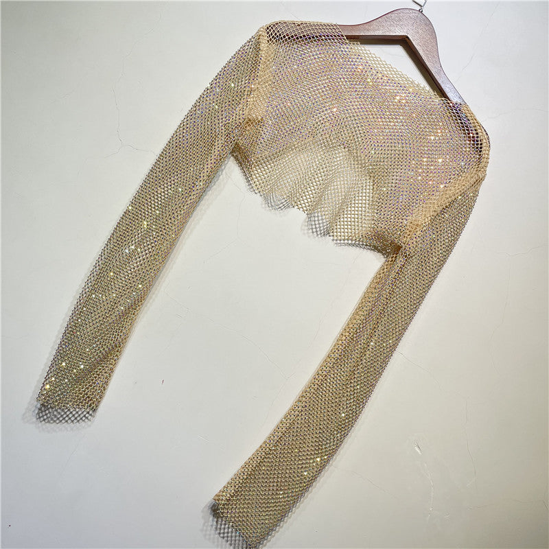 women's rhinestone grid pullover long sleeve top, view 3 - MRSLM