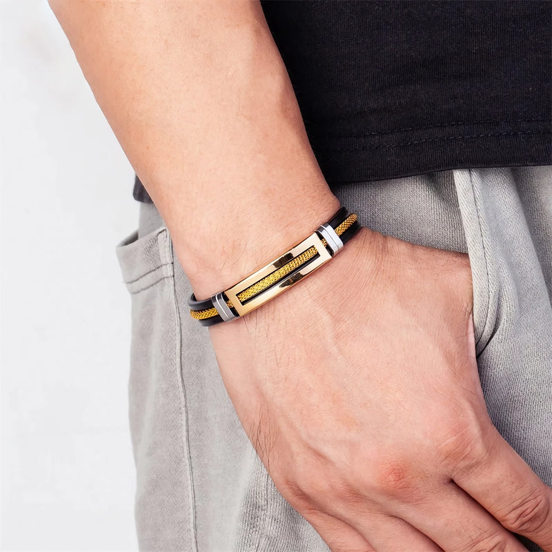 Men's steel and silicone bracelet with gold chain, view 5 - MRSLM