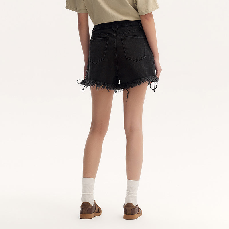 women's black rolled edge cotton shorts, view 7 - MRSLM