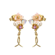 gold plated silver pink shell ribbon tassel earrings, view 4 - MRSLM
