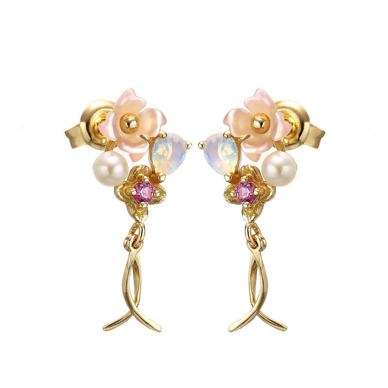 gold plated silver pink shell ribbon tassel earrings, view 4 - MRSLM