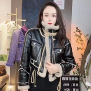 Women's cropped faux shearling trim jacket, view 4 - MRSLM