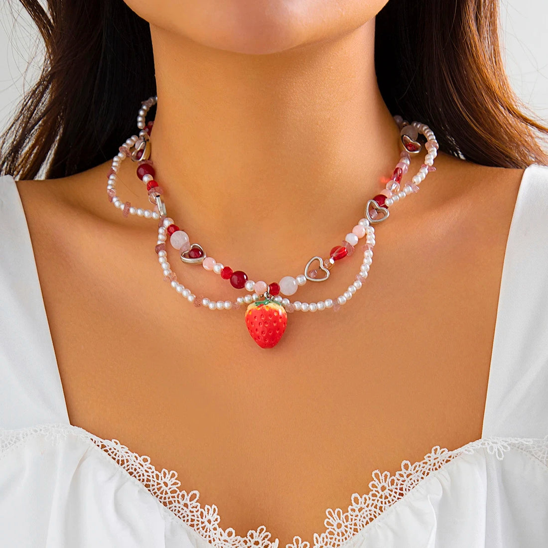 Elegant Strawberry Heart Faux Pearl Choker Necklace