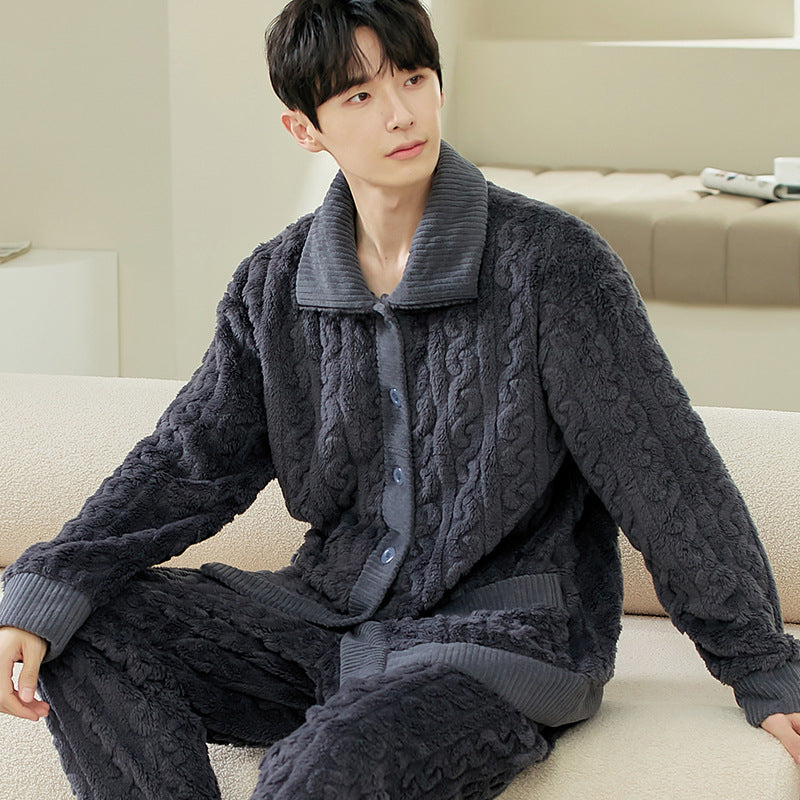 Men's flannel lounge robe cardigan set, view 9 - MRSLM