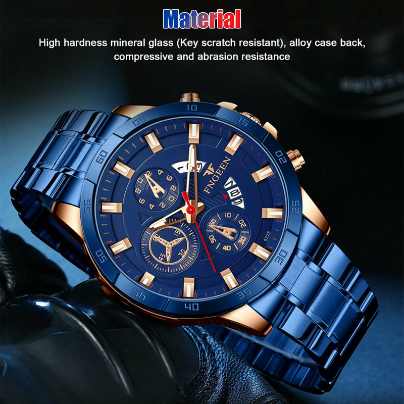 men's blue dial stainless steel quartz watch, view 9 - MRSLM