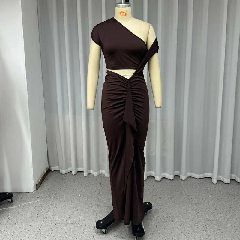 Maroon diagonal collar pleated waist dress, view 6 - MRSLM