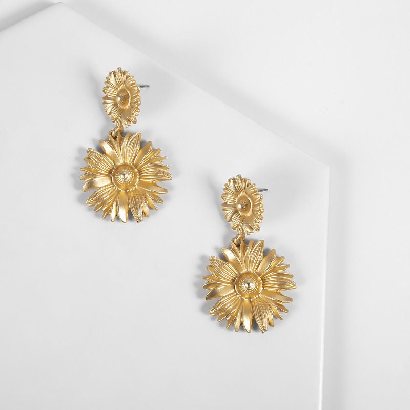 Golden chrysanthemum flower drop earrings, view 5 - MRSLM