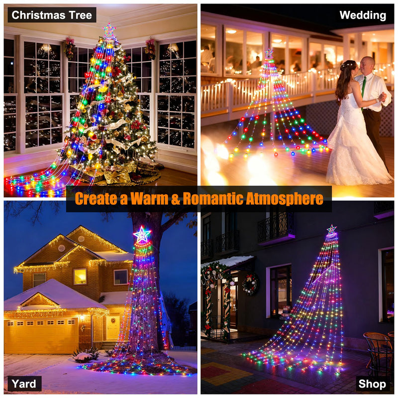 Multicolor waterfall Christmas tree lights with star topper, view 9 - MRSLM
