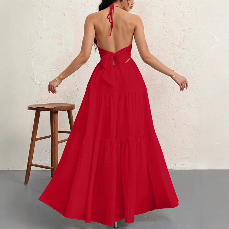 backless halterneck maxi dress, view 3 - MRSLM