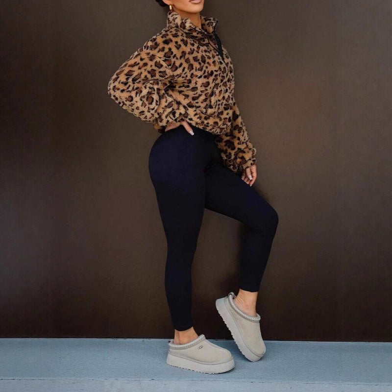 Women's leopard print faux fur zip jacket, view 5 - MRSLM