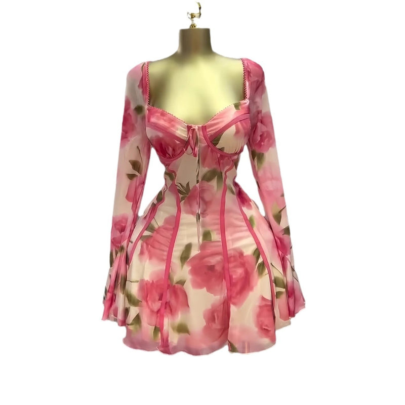 women's flared flower print dress, view 5 - MRSLM