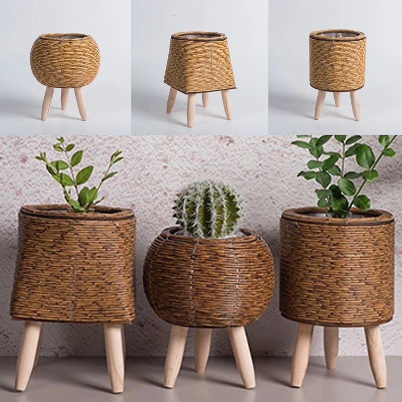 nordic woven plant stand with wooden legs, view 10 - MRSLM