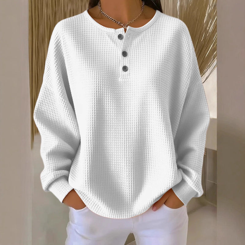 Waffle Long-sleeved T-shirt Fashion Solid Color Buttons Round Neck Pullover Top Women's Clothing