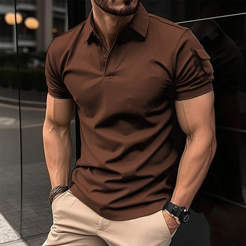 Summer Men's Lapel Button Short Sleeve Pocket Sweatshirt
