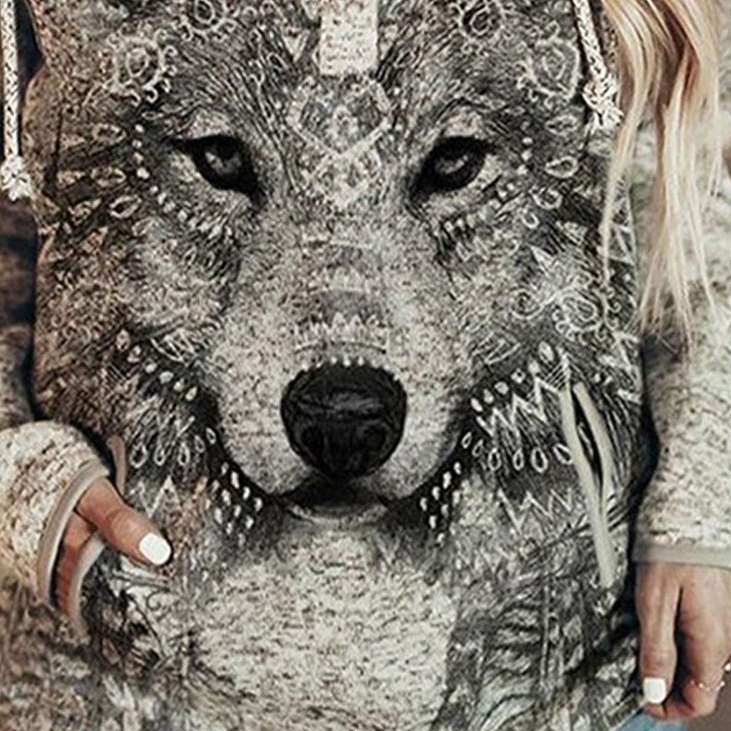 women's animal wolf print hoodie, view 5 - MRSLM