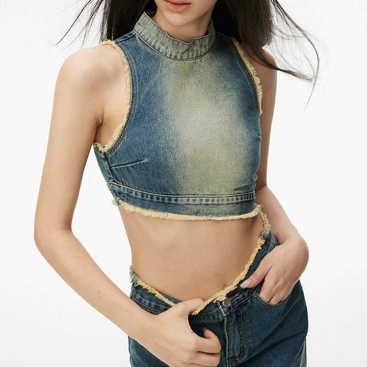 Gradient Blue Asymmetric Denim Grunge Tank Top
