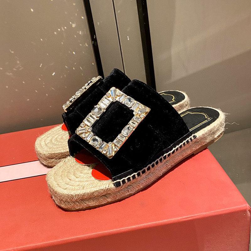 women's rhinestone buckle hemp rope slippers, view 4 - MRSLM