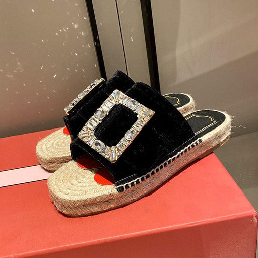 women's rhinestone buckle hemp rope slippers, view 4 - MRSLM