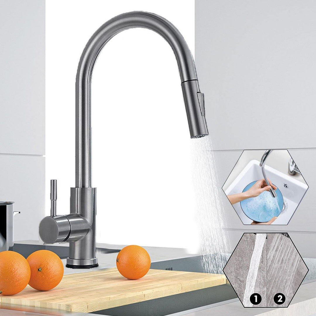 304 Stretching Faucet Double Inlet Pipe Two Outlet Methods Thin Head Silver - MRSLM