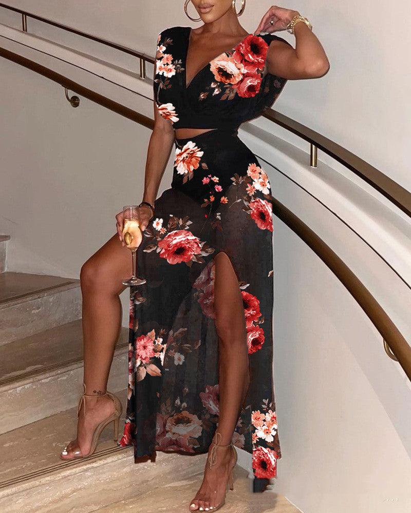 Women's black V-neck slit skirt suit, view 5 - MRSLM