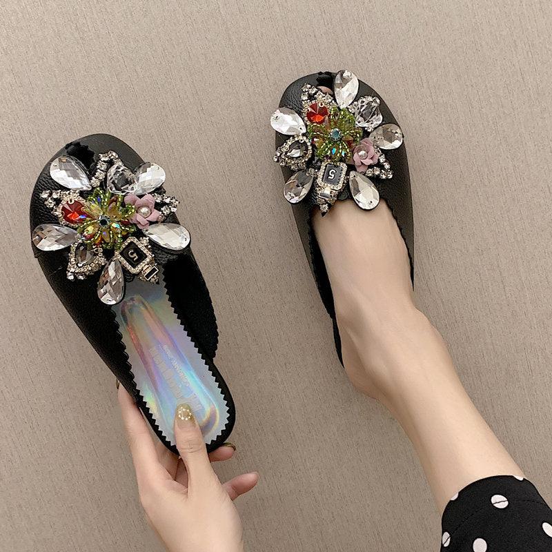 Fashion Women's Pearl Rhinestone Toe Half Slippers - MRSLM