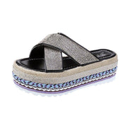 Women's cross rhinestone woven platform slippers, view 3 - MRSLM