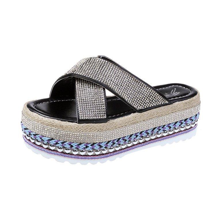 Women's cross rhinestone woven platform slippers, view 3 - MRSLM