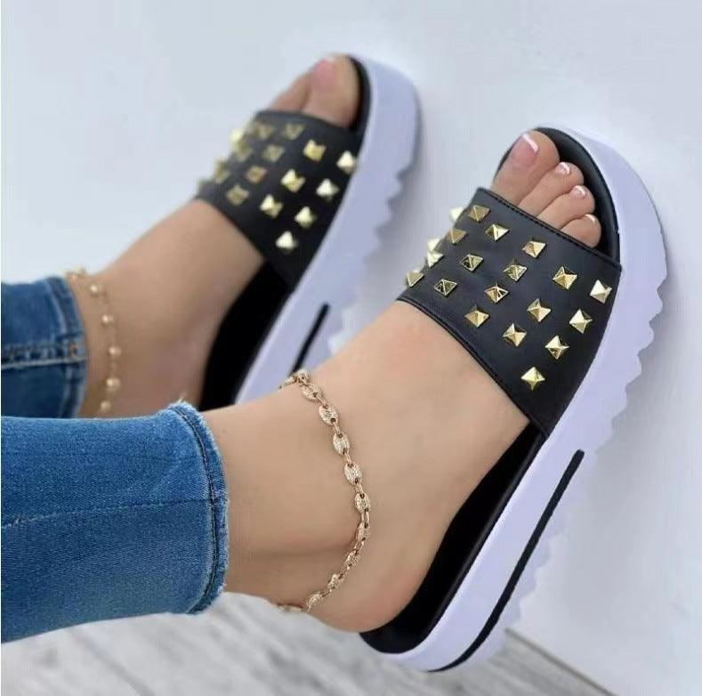 Women's summer wedge rivet flip flops, view 5 - MRSLM