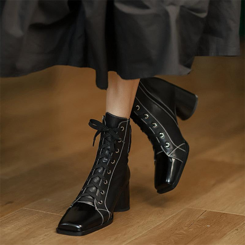 Women's square toe high-heel cross strap boots - MRSLM