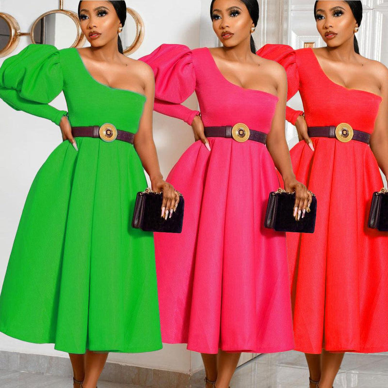 medium length evening dress with off-the-shoulder bubble sleeves - MRSLM
