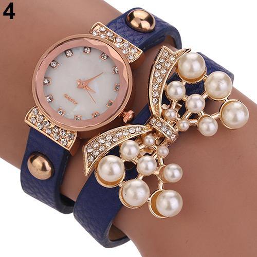 Women's Butterfly Faux Pearls Bracelet Faux Leather Rhinestone Wrap Wrist Watch - MRSLM