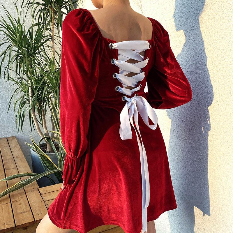 Red velvet dress with back straps, view 2 - MRSLM