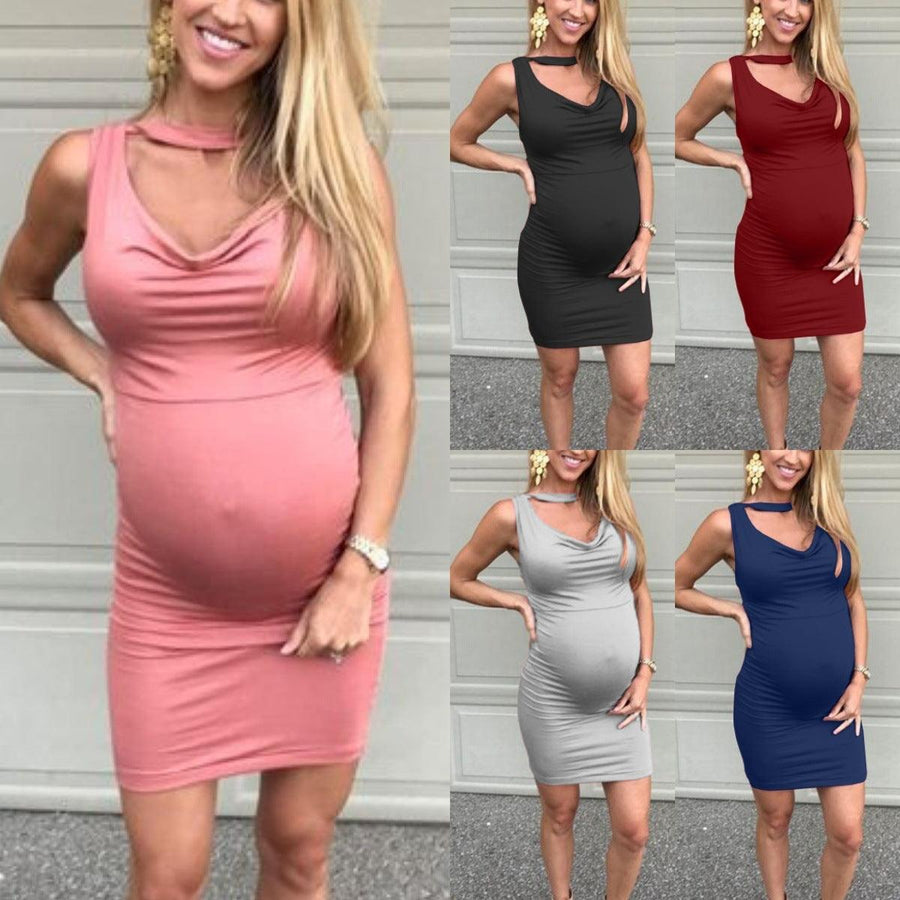 V-neck sleeveless vest solid color maternity dress - MRSLM