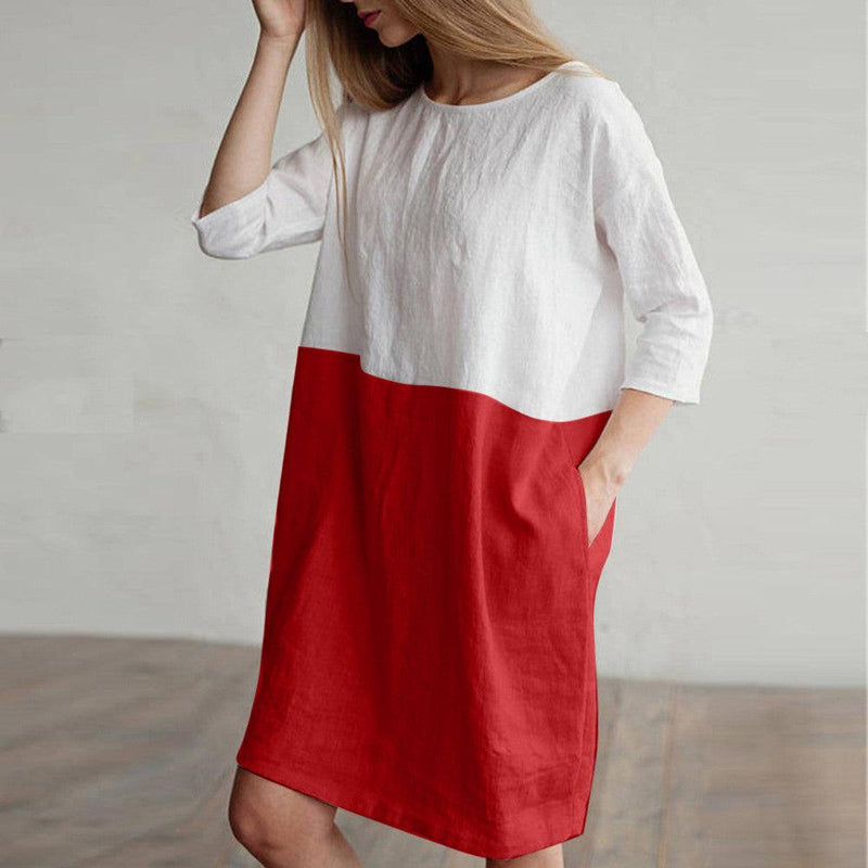 Women's splicing cotton linen half-sleeve dress, view 8 - MRSLM