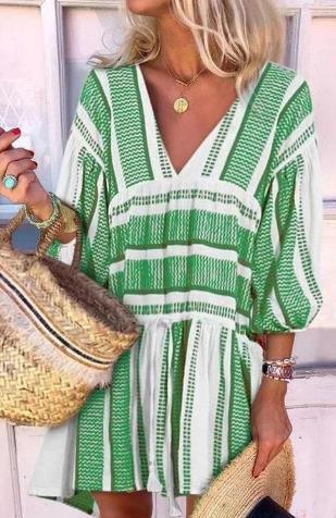 striped v-neck three-quarter sleeve dress, view 3 - MRSLM