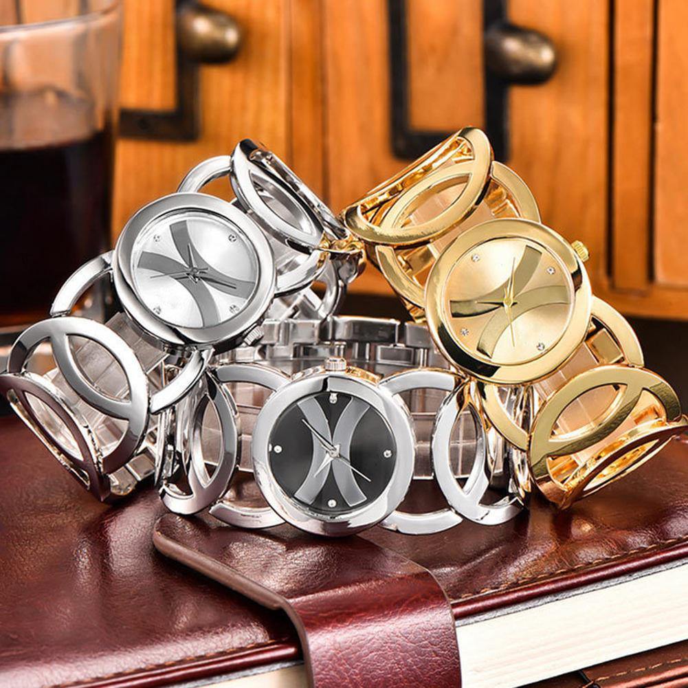 Women Shiny Rhinestone Stainless Steel Bangle Bracelet Dress Quartz Wrist Watch - MRSLM