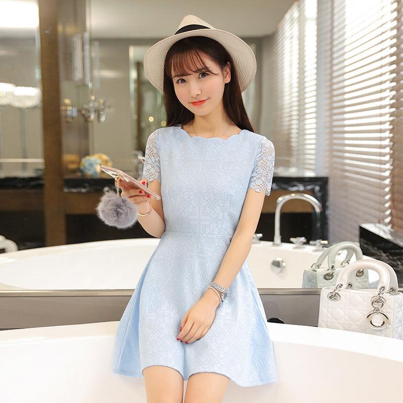 pure color lace short sleeve dress - MRSLM