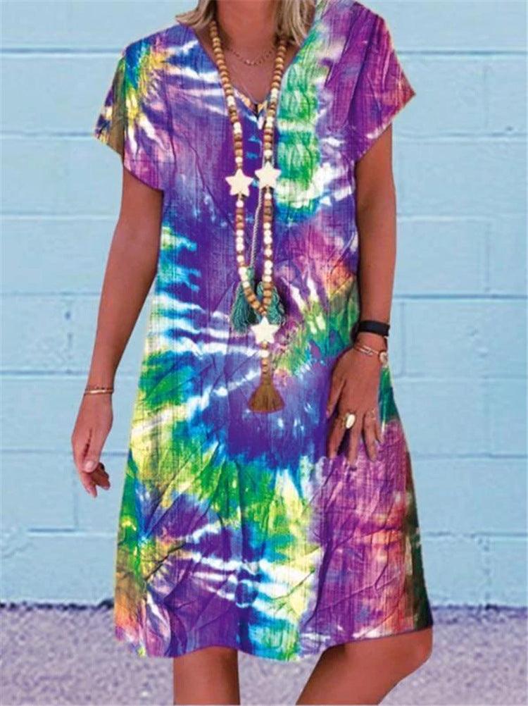 Women's multi-color printed V-neck dress - MRSLM