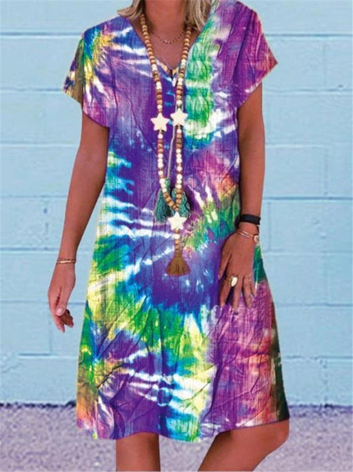 Women's multi-color printed V-neck dress - MRSLM