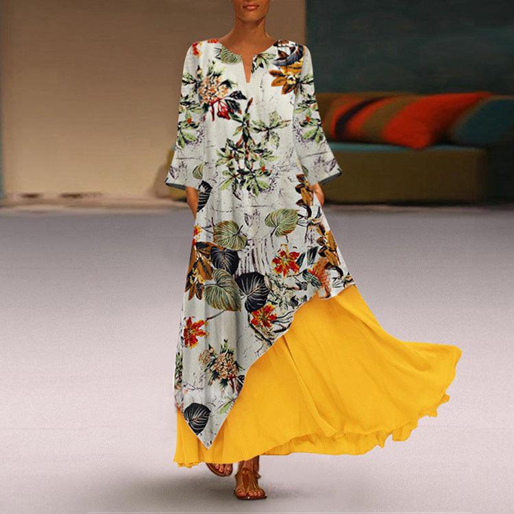 Long Skirt and Long Sleeves Fake Two-piece V-neck
