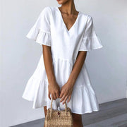 v-neck short sleeve skirt dress, view 2 - MRSLM
