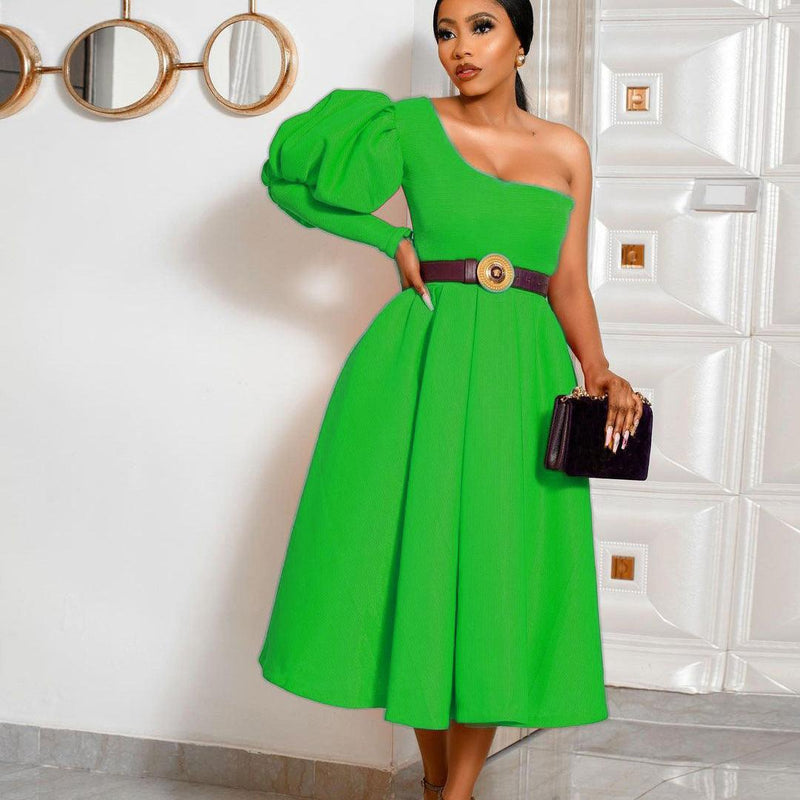 medium length evening dress with off-the-shoulder bubble sleeves, view 2 - MRSLM