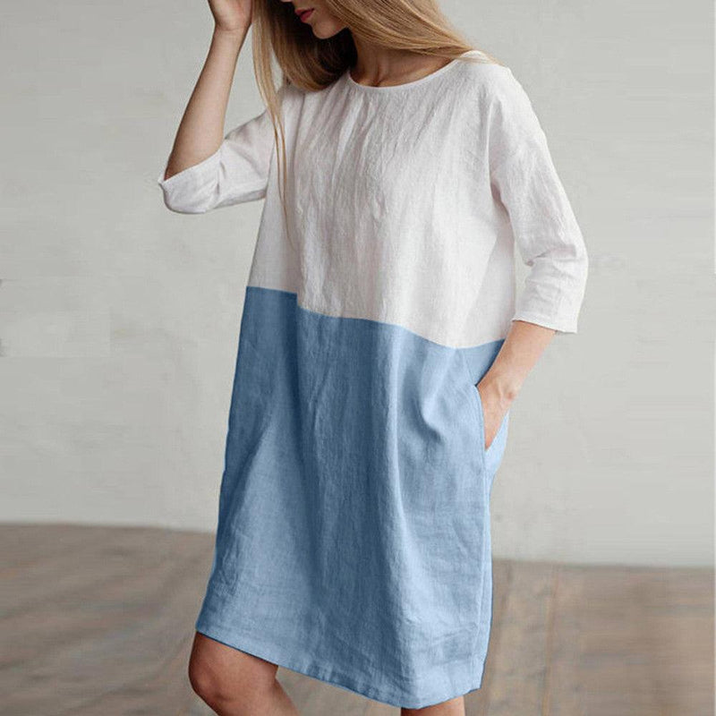 Women's splicing cotton linen half-sleeve dress, view 2 - MRSLM