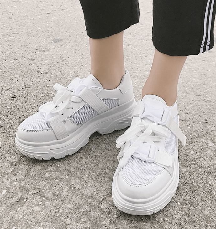 Breathable Mesh White Platform Running Shoes