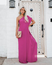 Slanted shoulder ruffled solid color dress, view 3 - MRSLM