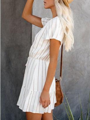 Striped short sleeve tie waist casual dress, view 2 - MRSLM